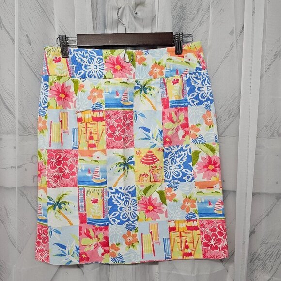 Vintage Talbots Blue Pink Tropical Nautical Beach Patchwork Island Skirt 8 - Picture 7 of 13